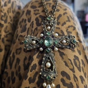 Vintage Cross Pendant Necklace with Green Gems